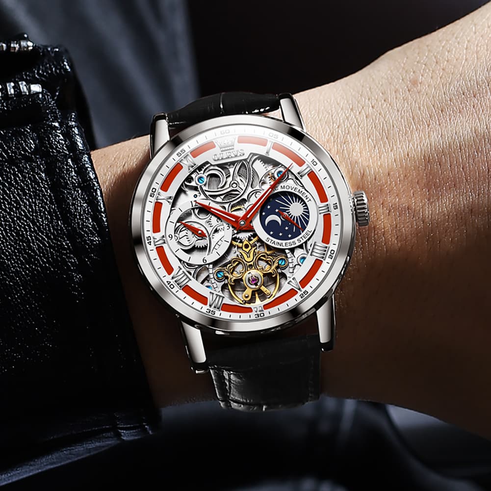 OLEVS 6670P Leather Skeleton Moon Phase Watch for Men - Rose Gold Blue Watch | Olevs Watch Store