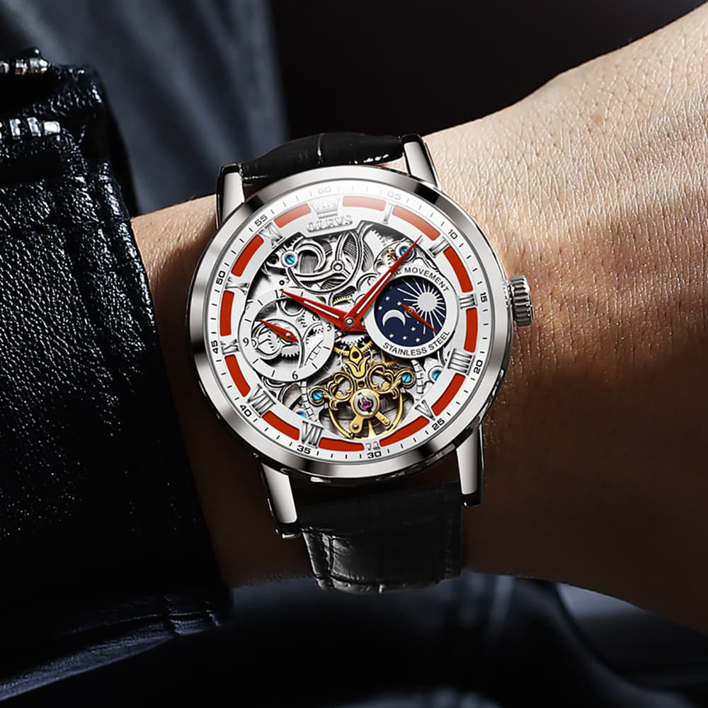 OLEVS 6670P Leather Skeleton Moon Phase Watch for Men - Rose Gold Blue Watch | Olevs Watch Store