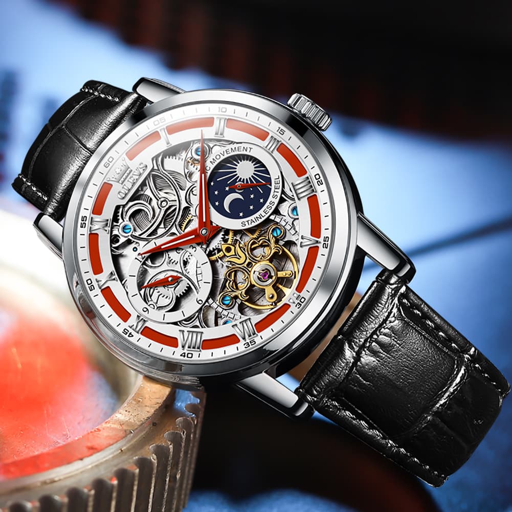 OLEVS 6670P Leather Skeleton Moon Phase Watch for Men - Rose Gold Blue Watch | Olevs Watch Store