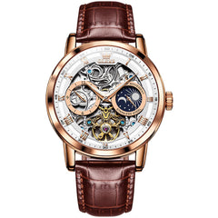OLEVS 6670P Leather Skeleton Moon Phase Watch for Men - Rose Golden White Watch | Olevs Watch Store
