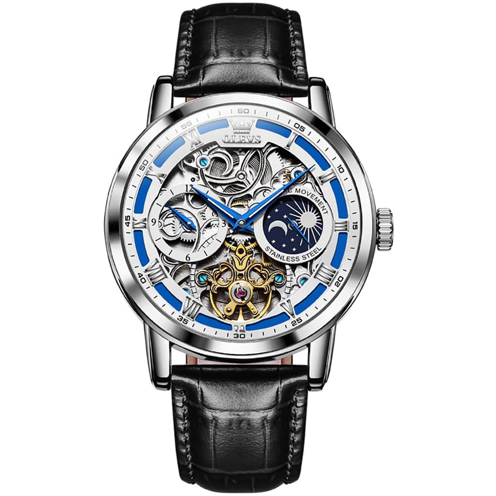 OLEVS 6670P Leather Skeleton Moon Phase Watch for Men - Silver Blue Face Watch | Olevs Watch Store