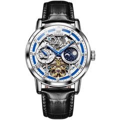OLEVS 6670P Leather Skeleton Moon Phase Watch for Men - Silver Blue Face Watch | Olevs Watch Store