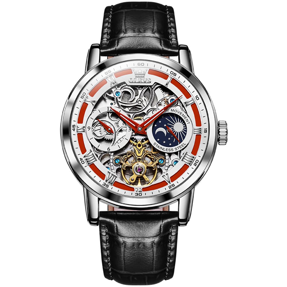 OLEVS 6670P Leather Skeleton Moon Phase Watch for Men - Silver Red Face Watch | Olevs Watch Store