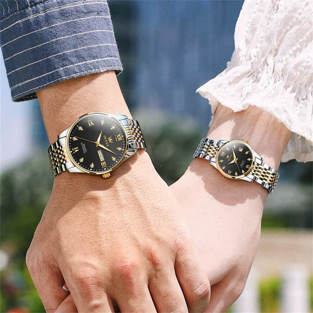 OLEVS 6673 Diamond Automatic Couple Watches Set - All Gold Watch | Olevs Watch Store