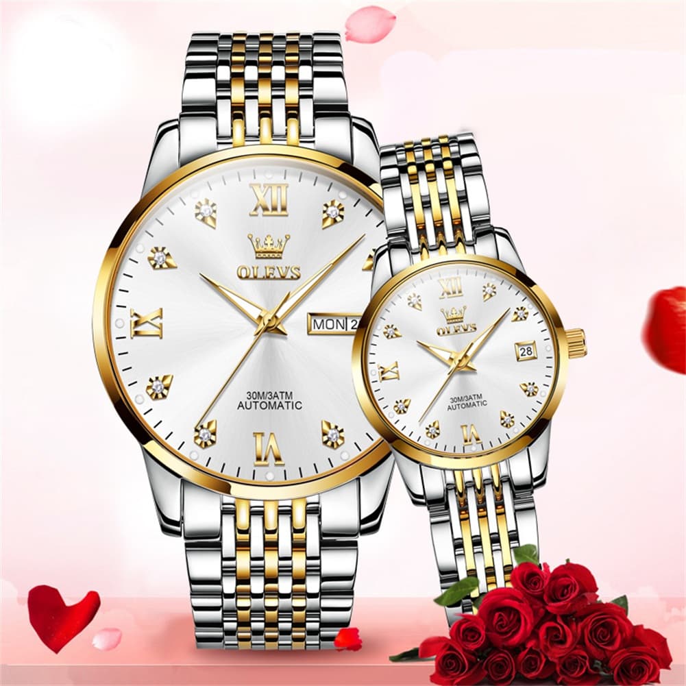 OLEVS 6673 Diamond Automatic Couple Watches Set - All Gold Watch | Olevs Watch Store