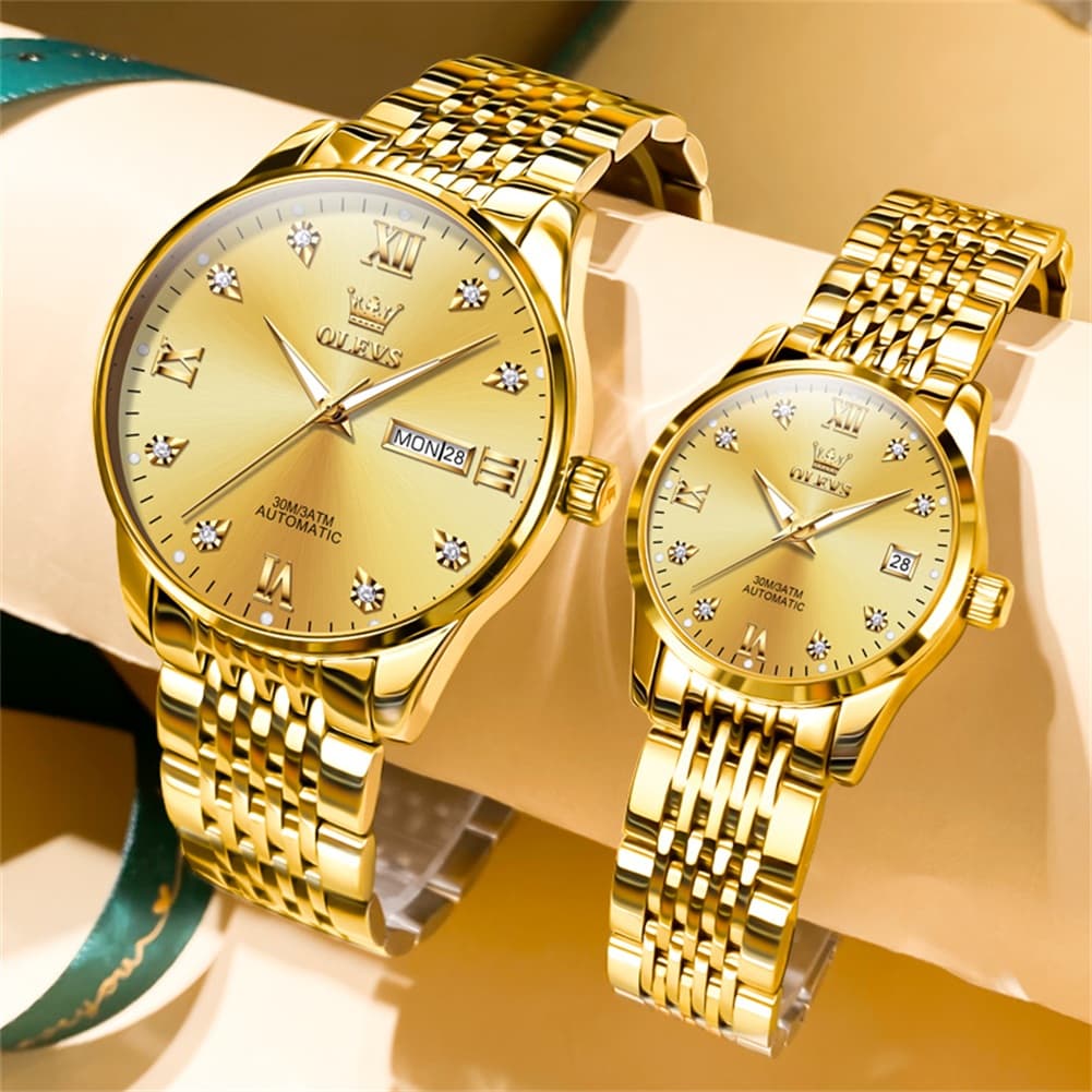 OLEVS 6673 Diamond Automatic Couple Watches Set - All Gold Watch | Olevs Watch Store