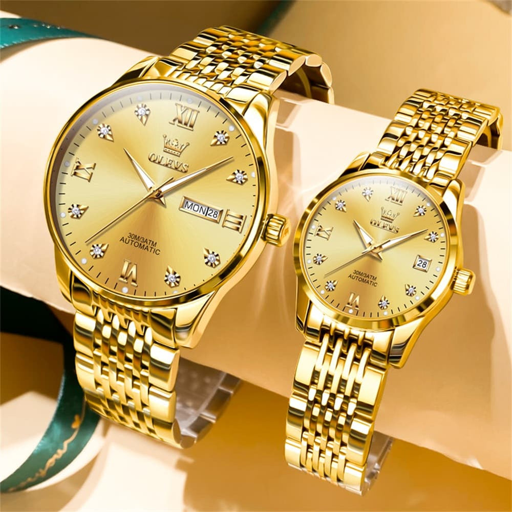 OLEVS 6673 Diamond Automatic Couple Watches Set - All Gold Watch | Olevs Watch Store