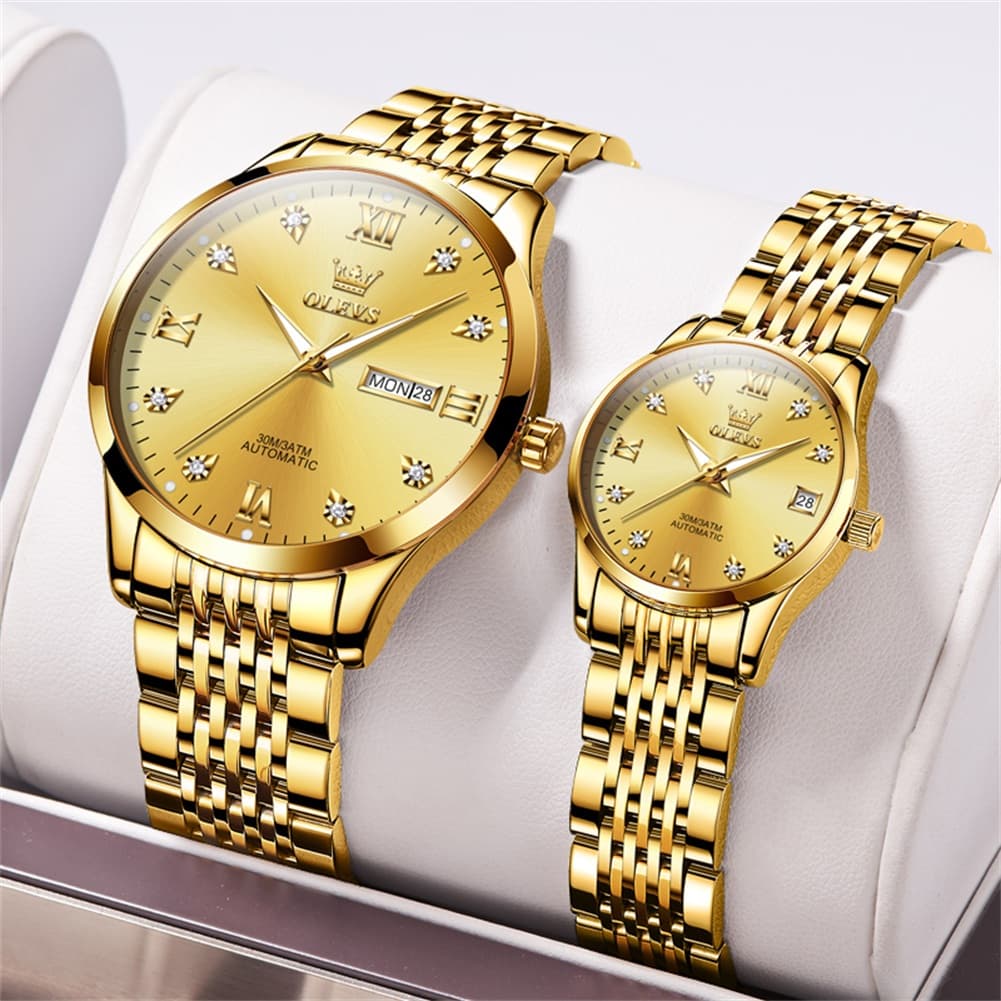OLEVS 6673 Diamond Automatic Couple Watches Set - All Gold Watch | Olevs Watch Store