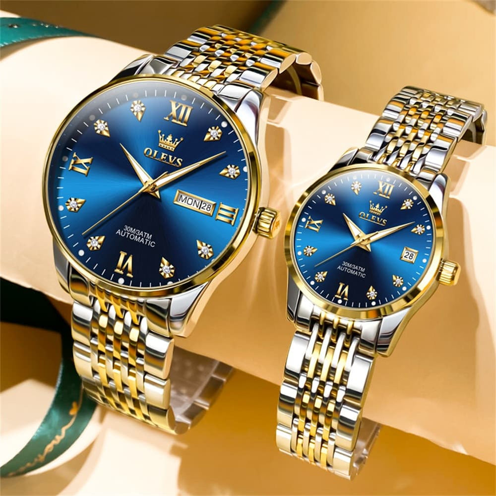 OLEVS 6673 Diamond Automatic Couple Watches Set - All Gold Watch | Olevs Watch Store