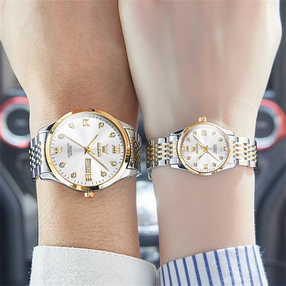 OLEVS 6673 Diamond Automatic Couple Watches Set - All Gold Watch | Olevs Watch Store