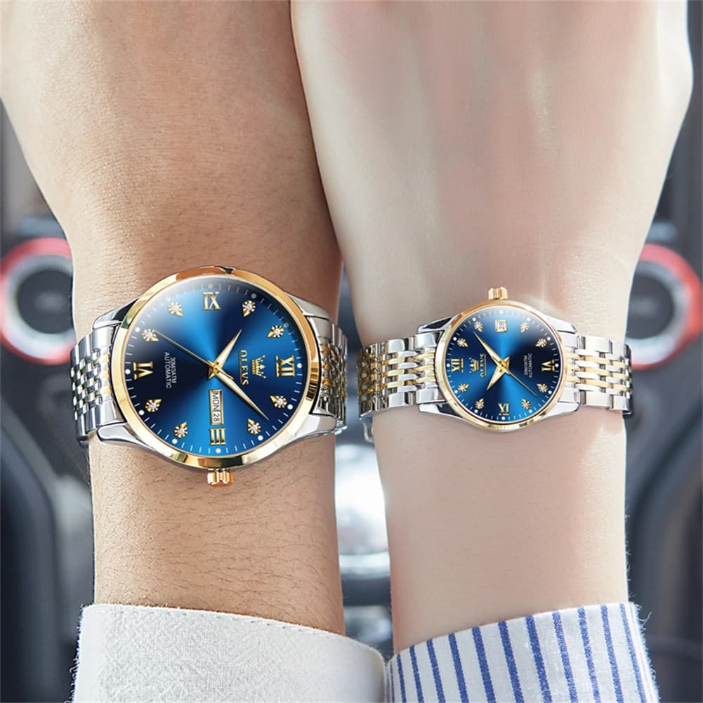 OLEVS 6673 Diamond Automatic Couple Watches Set - All Gold Watch | Olevs Watch Store