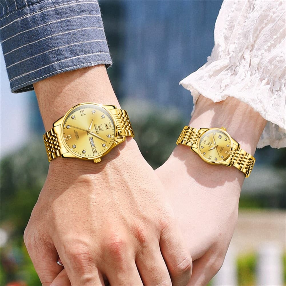 OLEVS 6673 Diamond Automatic Couple Watches Set - All Gold Watch | Olevs Watch Store