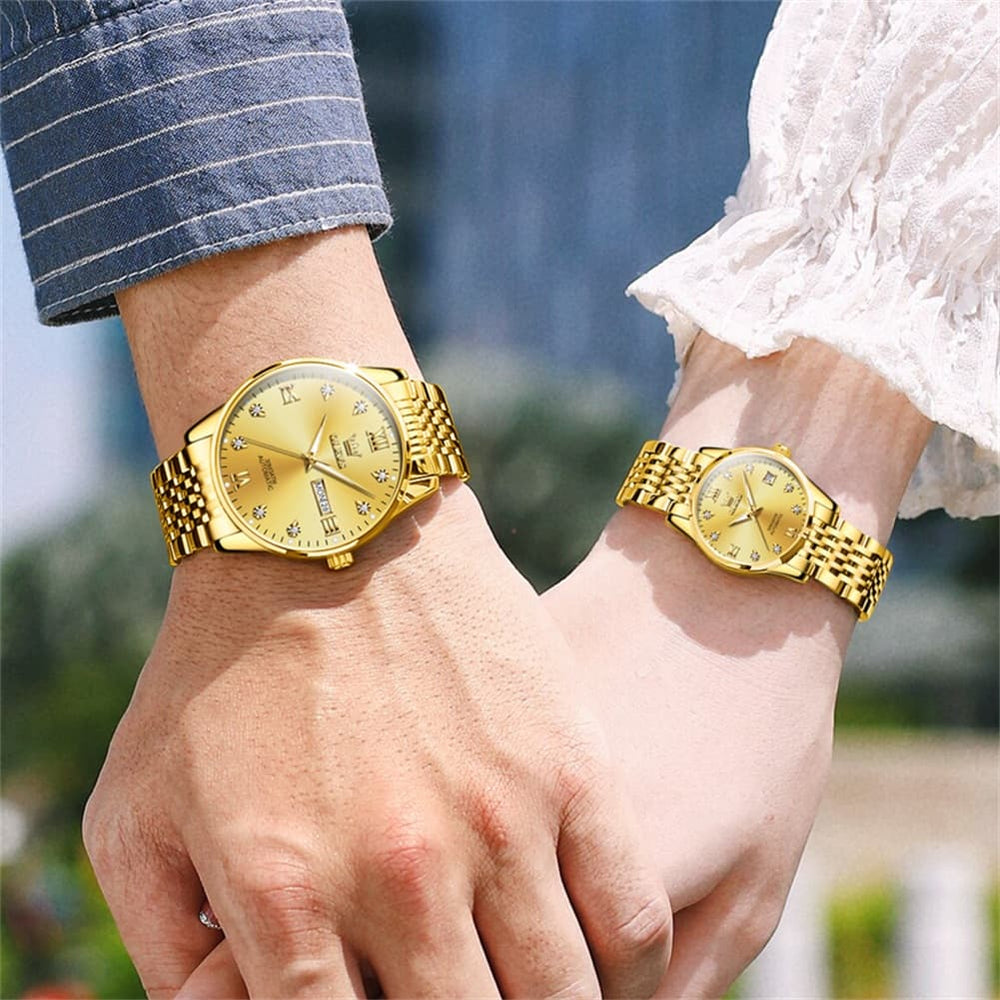 OLEVS 6673 Diamond Automatic Couple Watches Set - All Gold Watch | Olevs Watch Store