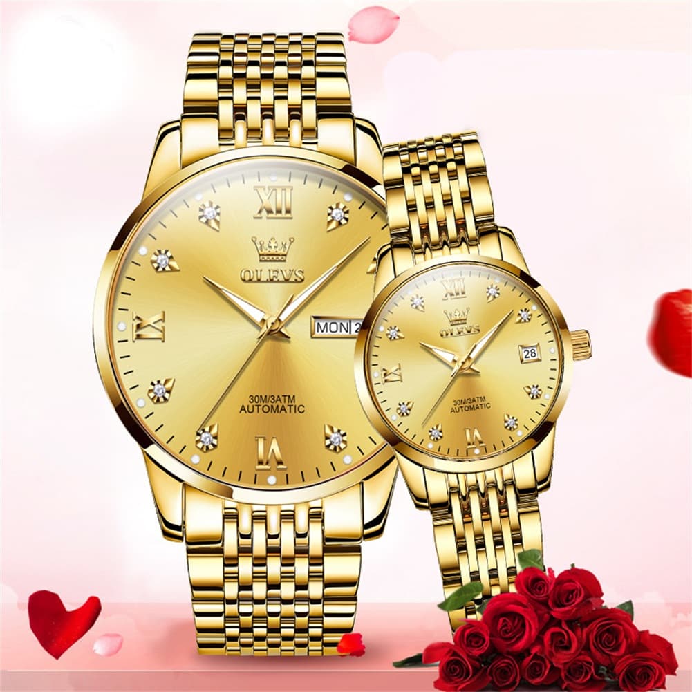 OLEVS 6673 Diamond Automatic Couple Watches Set - All Gold Watch | Olevs Watch Store