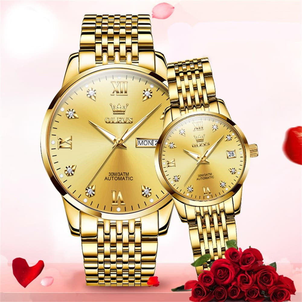 OLEVS 6673 Diamond Automatic Couple Watches Set - All Gold Watch | Olevs Watch Store