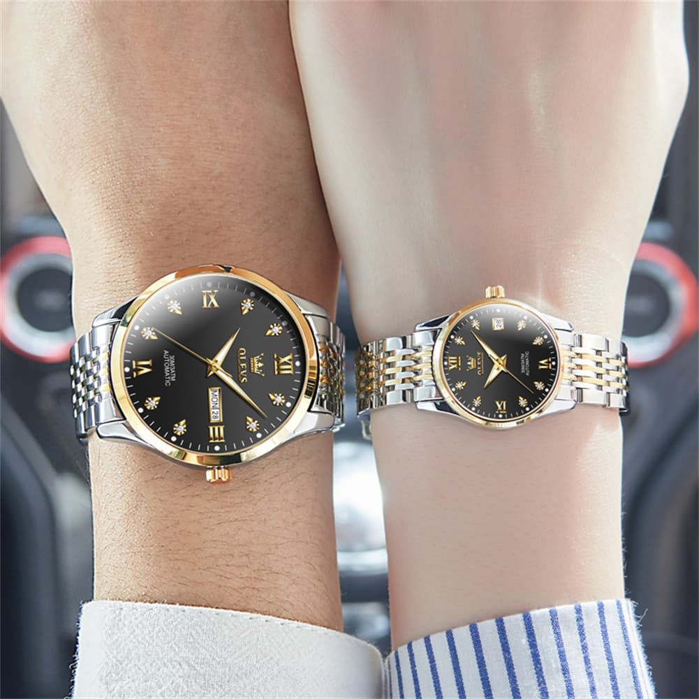 OLEVS 6673 Diamond Automatic Couple Watches Set - All Gold Watch | Olevs Watch Store