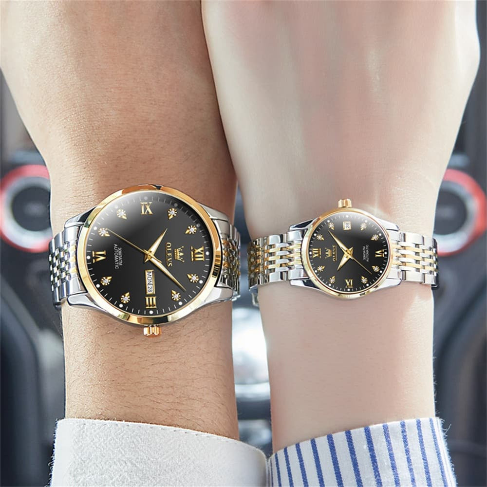 OLEVS 6673 Diamond Automatic Couple Watches Set - All Gold Watch | Olevs Watch Store