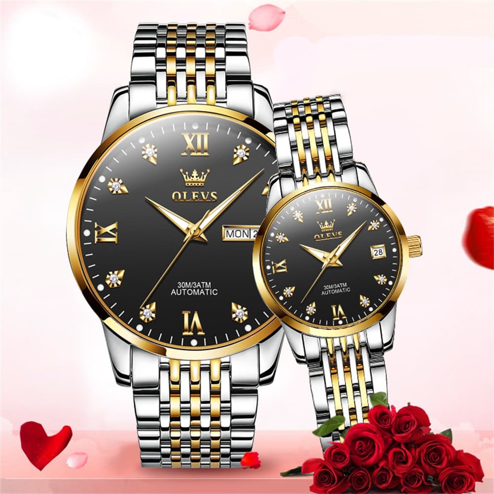 OLEVS 6673 Diamond Automatic Couple Watches Set - All Gold Watch | Olevs Watch Store