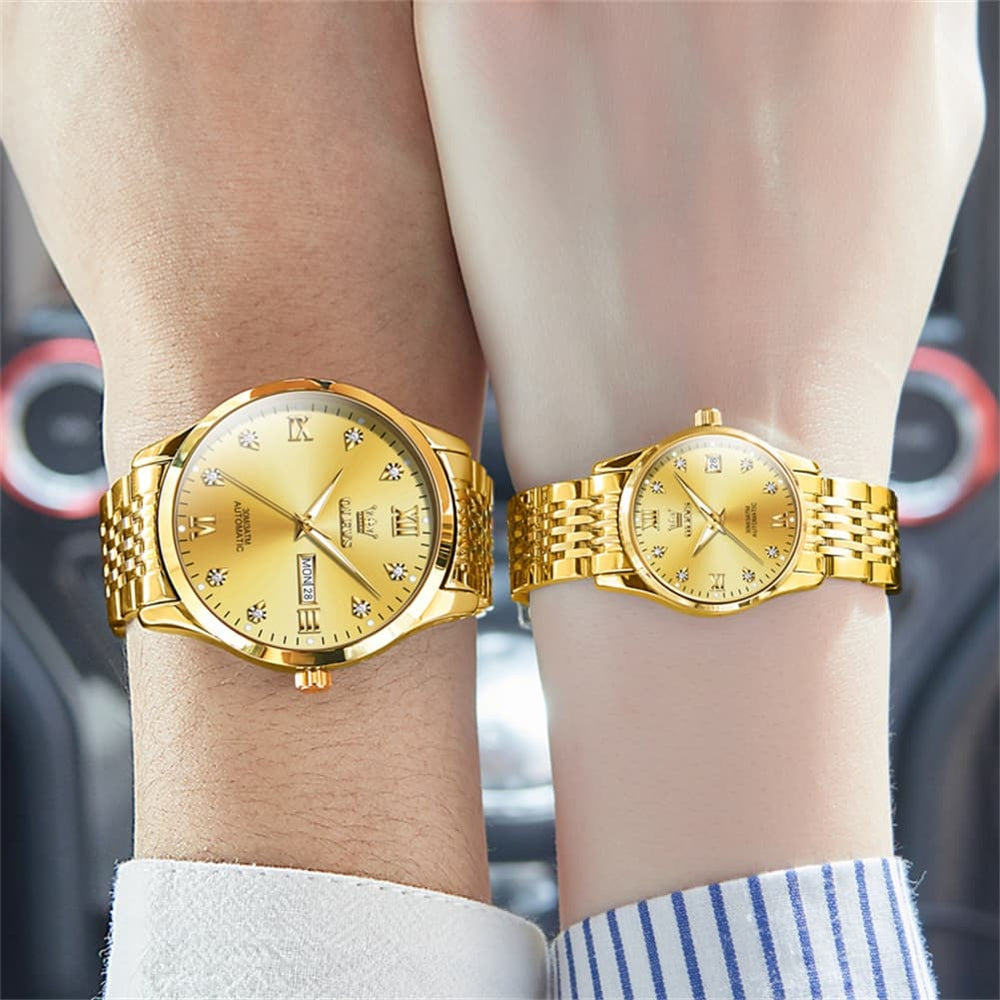 OLEVS 6673 Diamond Automatic Couple Watches Set - All Gold Watch | Olevs Watch Store