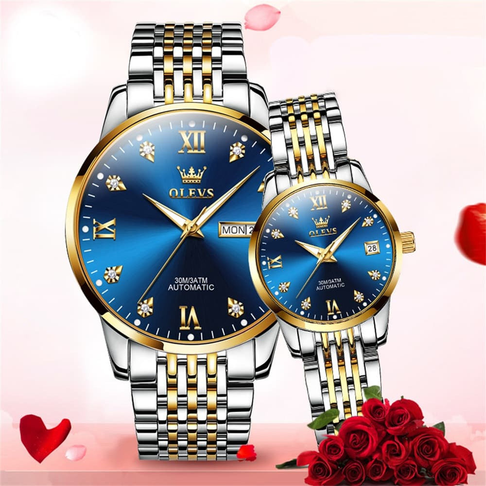 OLEVS 6673 Diamond Automatic Couple Watches Set - All Gold Watch | Olevs Watch Store