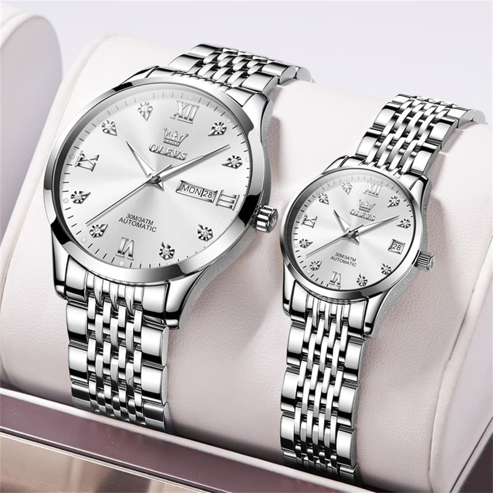 OLEVS 6673 Diamond Automatic Couple Watches Set - Silver White Watch | Olevs Watch Store