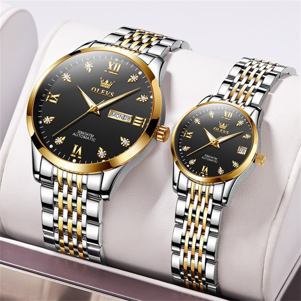 OLEVS 6673 Diamond Automatic Couple Watches Set - Two Tone Black Watch | Olevs Watch Store