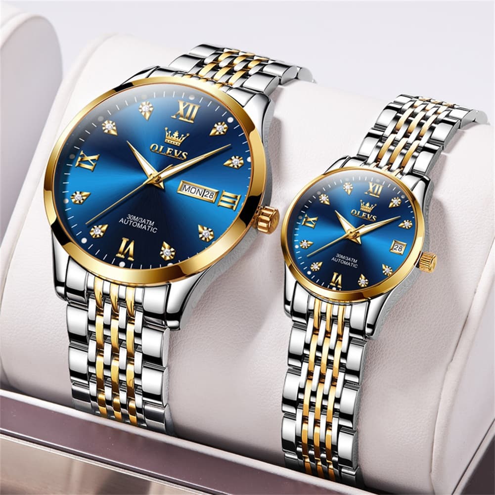 OLEVS 6673 Diamond Automatic Couple Watches Set - Two Tone Blue Watch | Olevs Watch Store