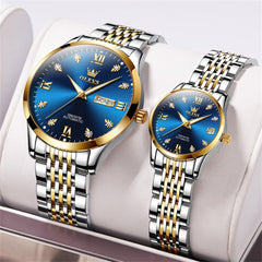 OLEVS 6673 Diamond Automatic Couple Watches Set - Two Tone Blue Watch | Olevs Watch Store