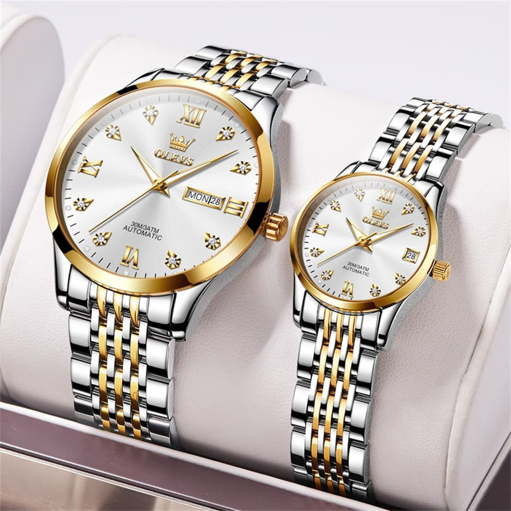 OLEVS 6673 Diamond Automatic Couple Watches Set - Two Tone White Watch | Olevs Watch Store