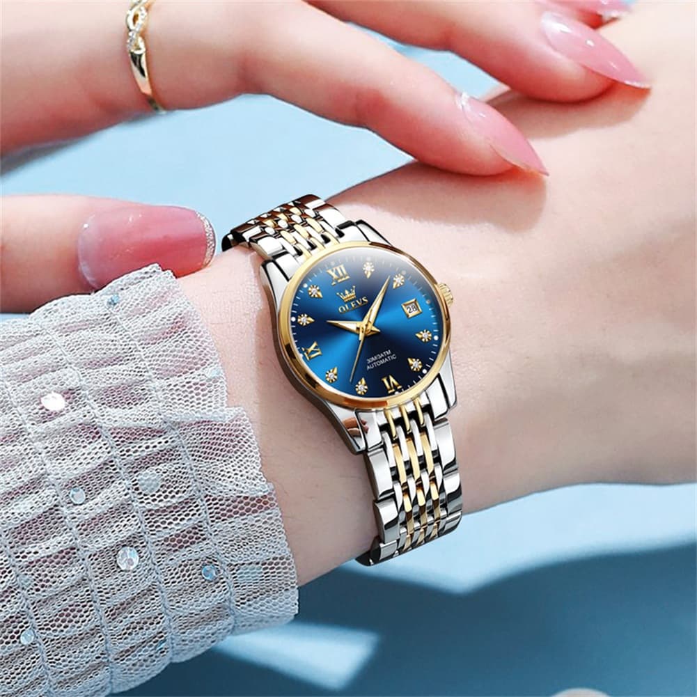 OLEVS 6673 Diamond Automatic Stainless Steel Watch for Women - Two Tone Black Watch | Olevs Watch Store