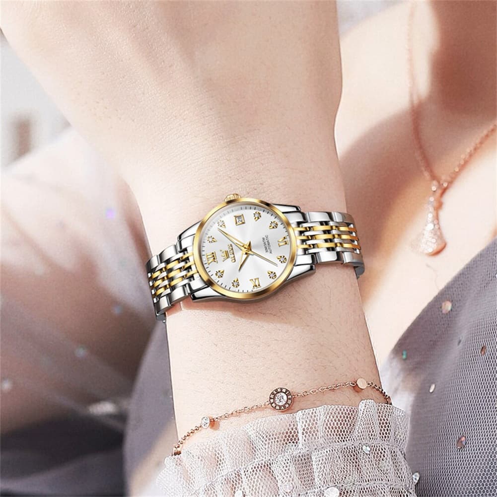 OLEVS 6673 Diamond Automatic Stainless Steel Watch for Women - Two Tone Black Watch | Olevs Watch Store