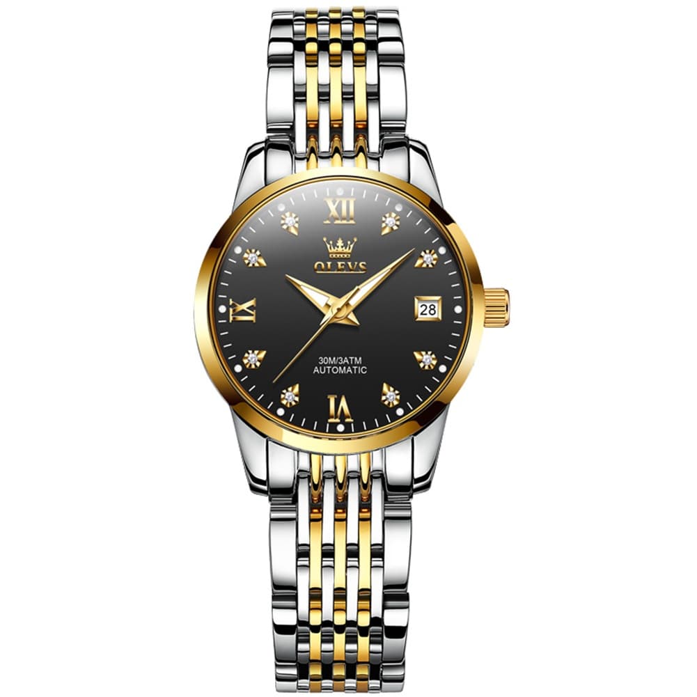 OLEVS 6673 Diamond Automatic Stainless Steel Watch for Women - Two Tone Black Watch | Olevs Watch Store