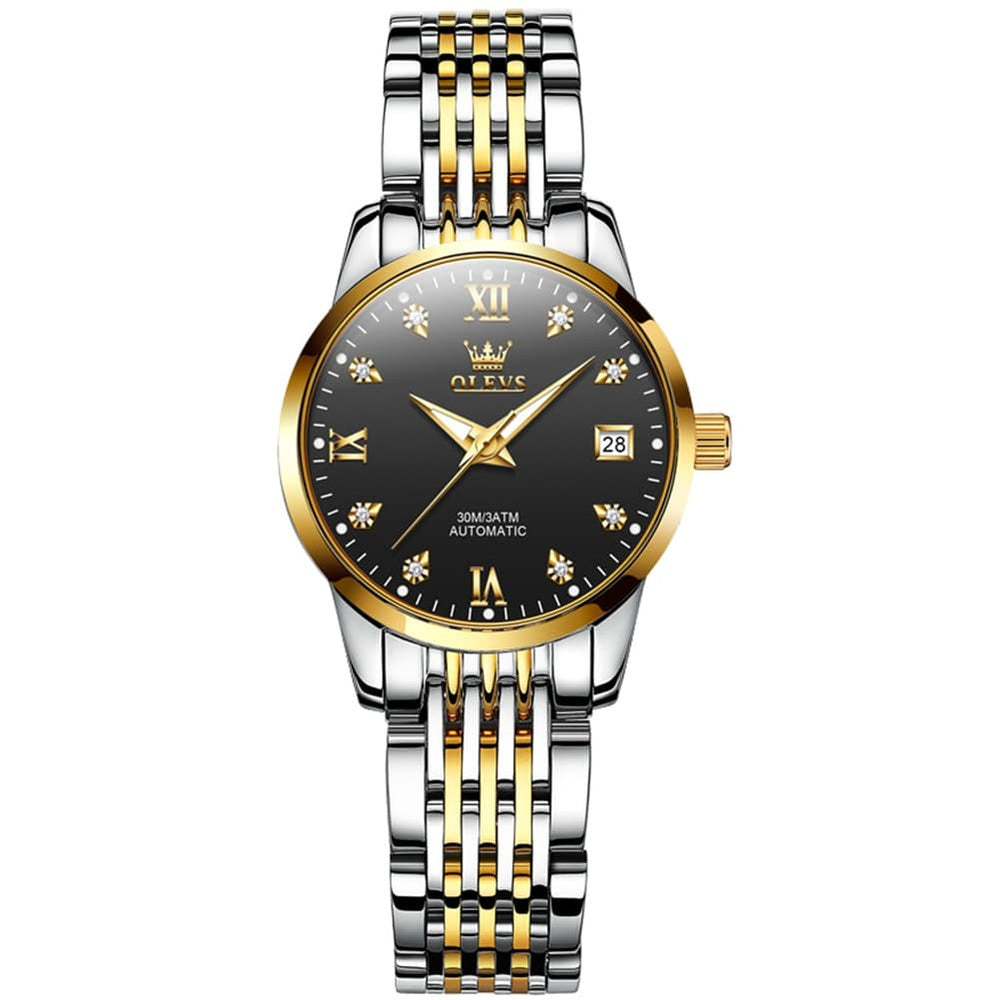 OLEVS 6673 Diamond Automatic Stainless Steel Watch for Women - Two Tone Black Watch | Olevs Watch Store