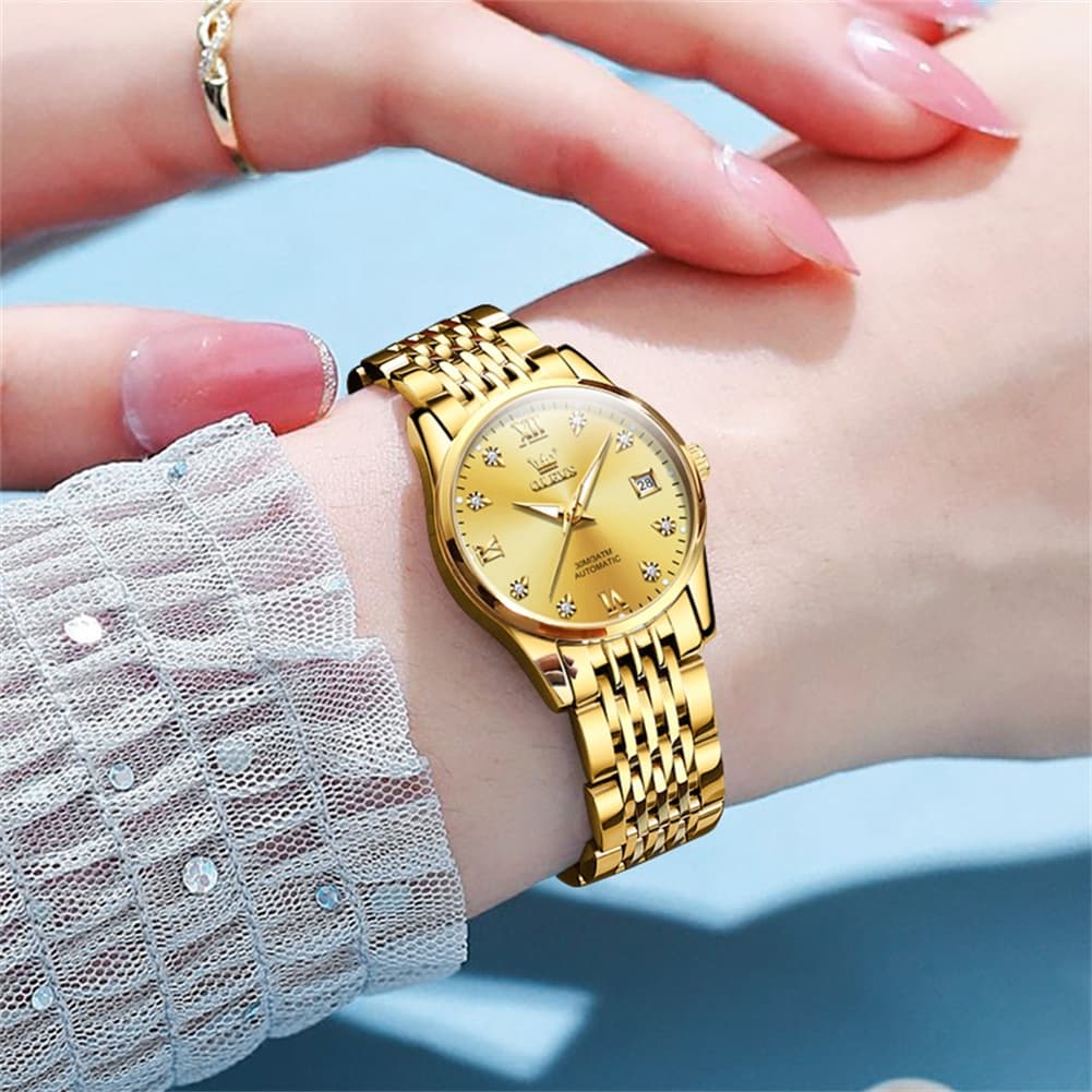 OLEVS 6673 Diamond Automatic Stainless Steel Watch for Women - Two Tone Black Watch | Olevs Watch Store