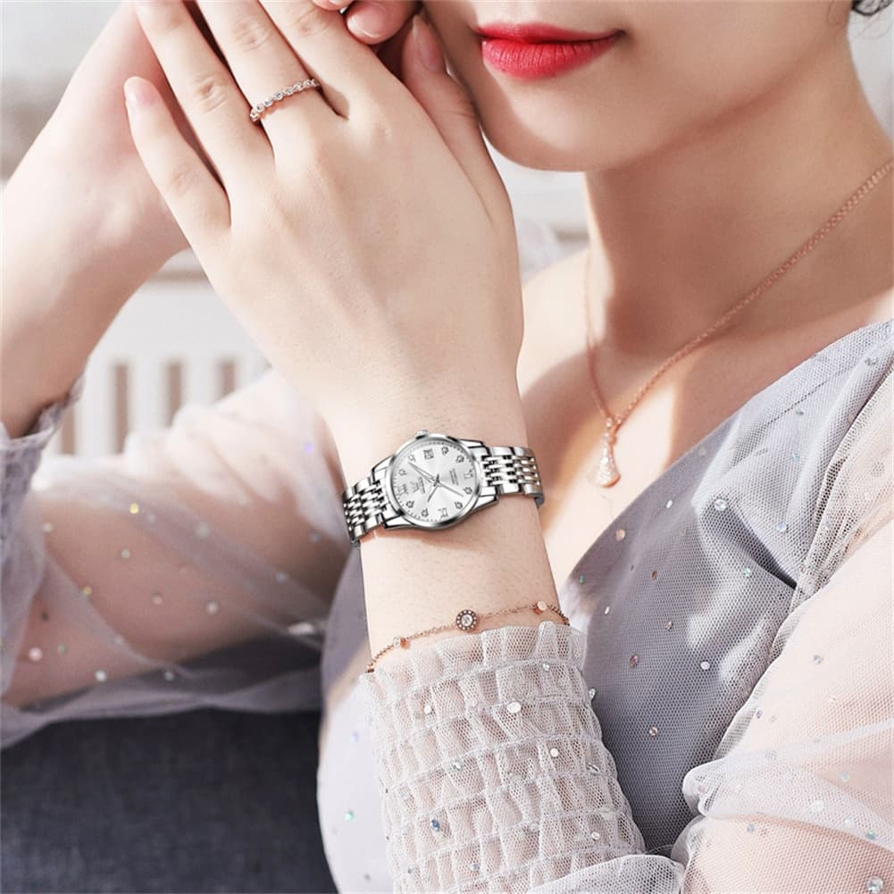 OLEVS 6673 Diamond Automatic Stainless Steel Watch for Women - Two Tone Black Watch | Olevs Watch Store