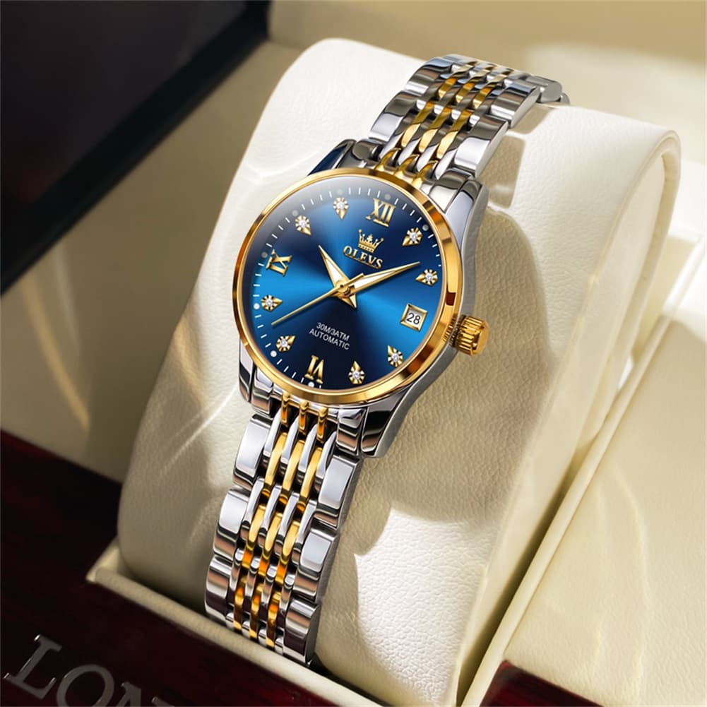 OLEVS 6673 Diamond Automatic Stainless Steel Watch for Women - Two Tone Black Watch | Olevs Watch Store