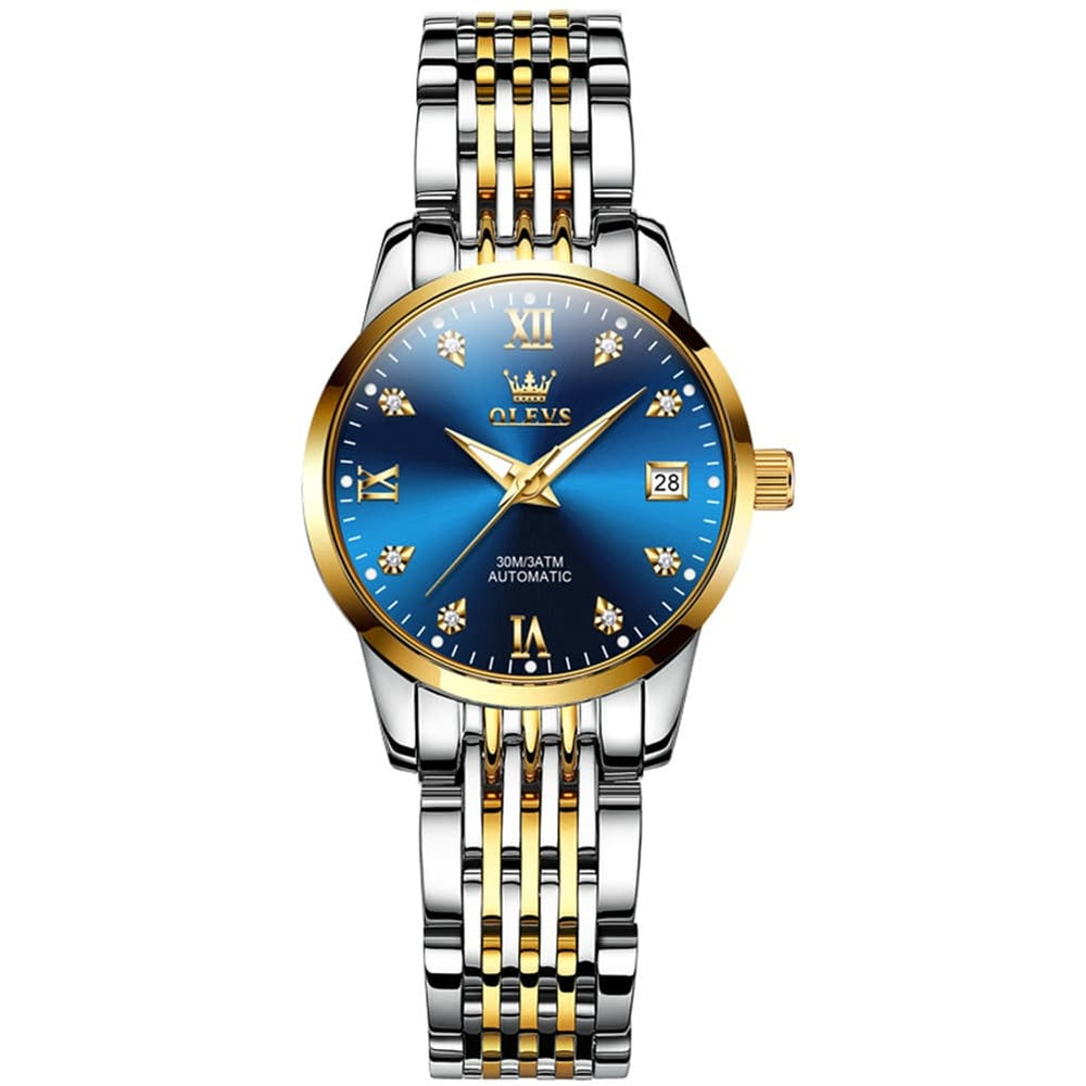 OLEVS 6673 Diamond Automatic Stainless Steel Watch for Women - Two Tone Blue Watch | Olevs Watch Store