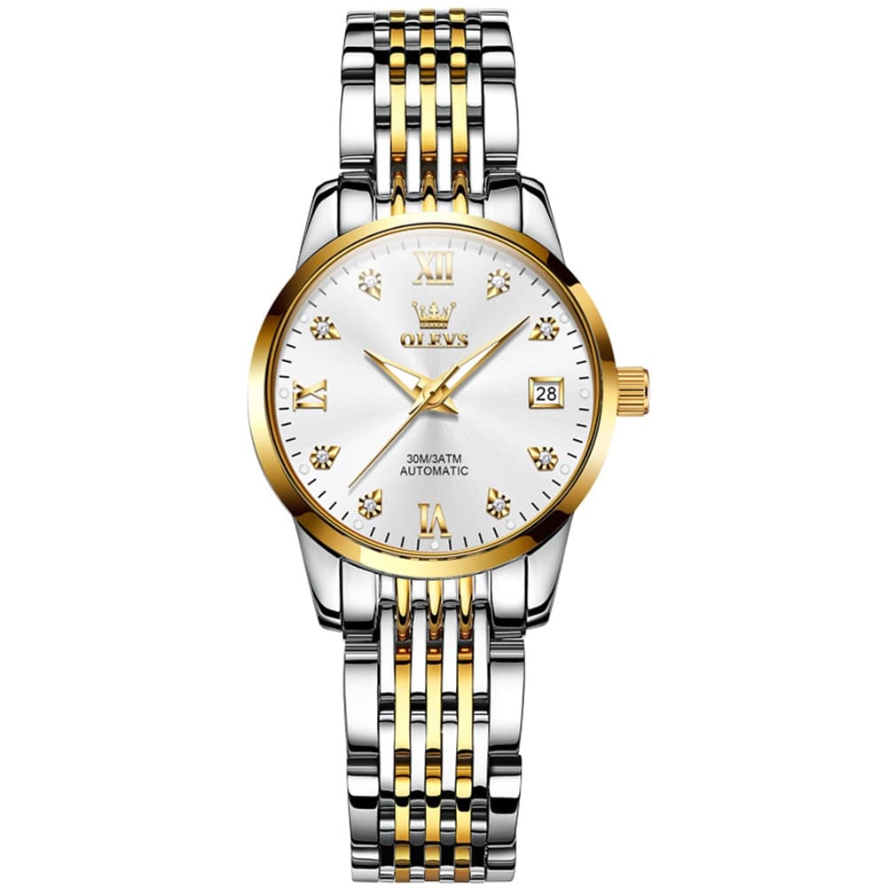 OLEVS 6673 Diamond Automatic Stainless Steel Watch for Women - Two Tone White Watch | Olevs Watch Store
