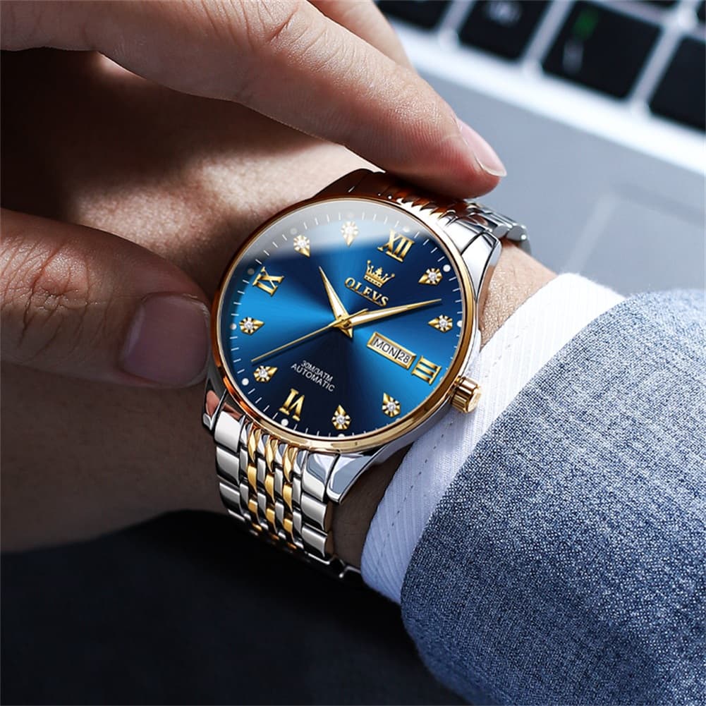 OLEVS 6673 Diamond Mechanical Stainless Steel Watch for Men - All Gold Watch | Olevs Watch Store