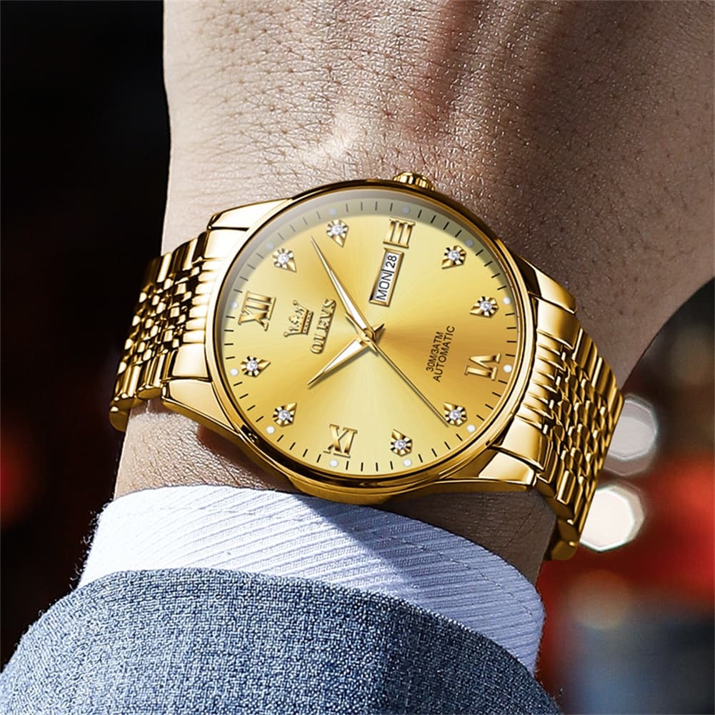 OLEVS 6673 Diamond Mechanical Stainless Steel Watch for Men - All Gold Watch | Olevs Watch Store