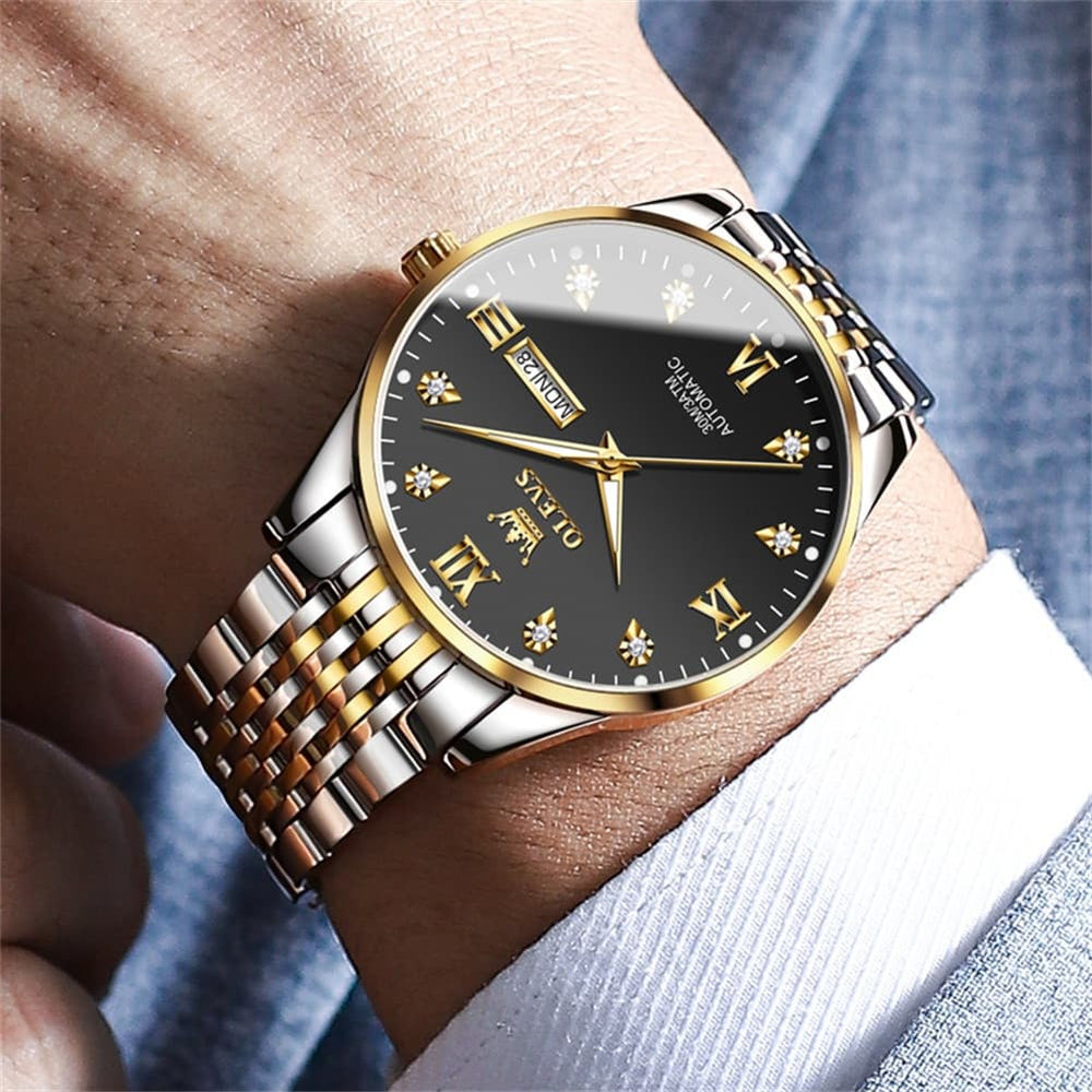 OLEVS 6673 Diamond Mechanical Stainless Steel Watch for Men - All Gold Watch | Olevs Watch Store