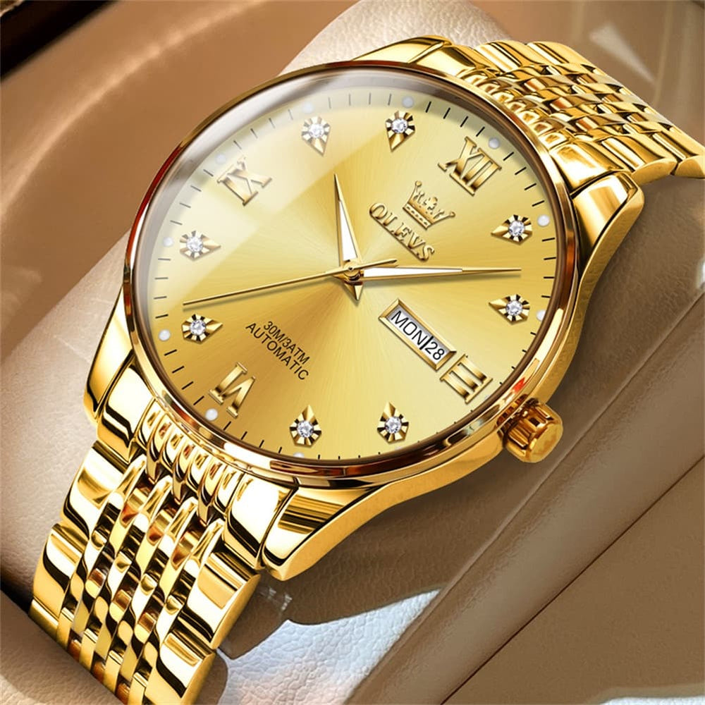 OLEVS 6673 Diamond Mechanical Stainless Steel Watch for Men - All Gold Watch | Olevs Watch Store