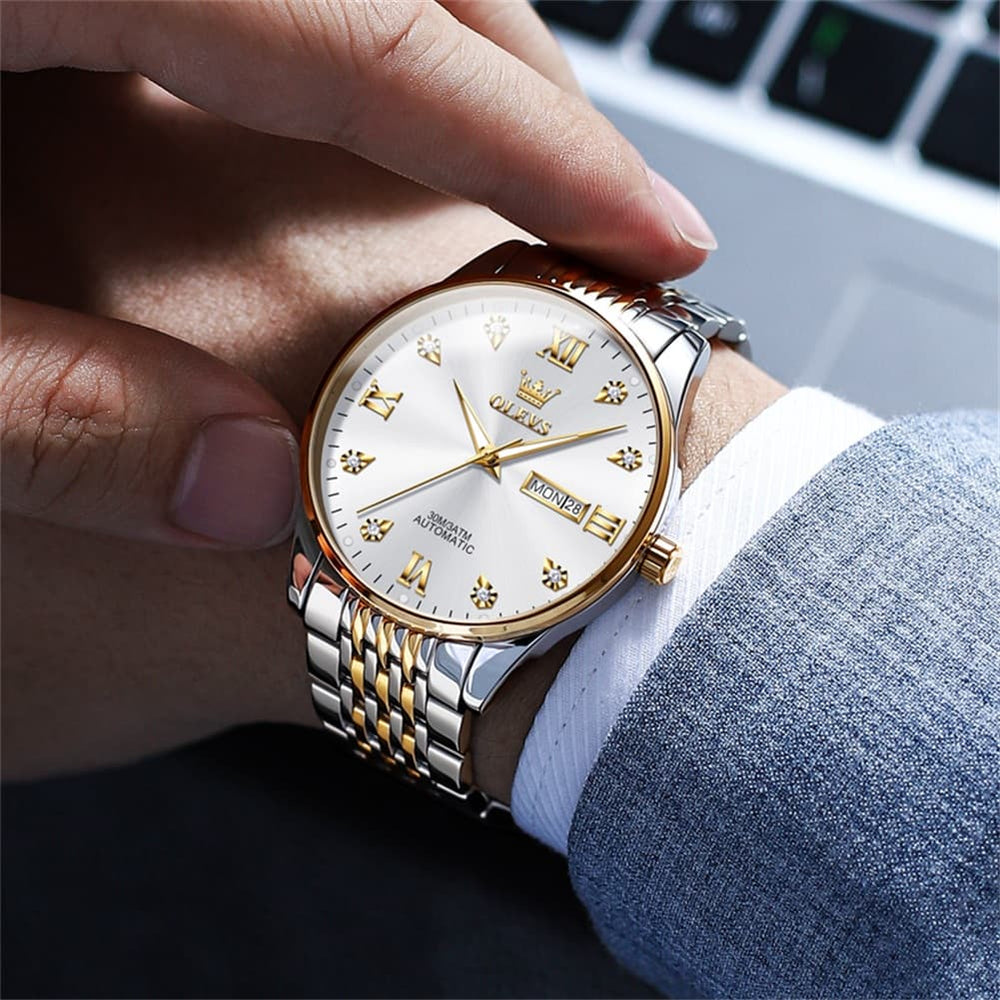 OLEVS 6673 Diamond Mechanical Stainless Steel Watch for Men - All Gold Watch | Olevs Watch Store