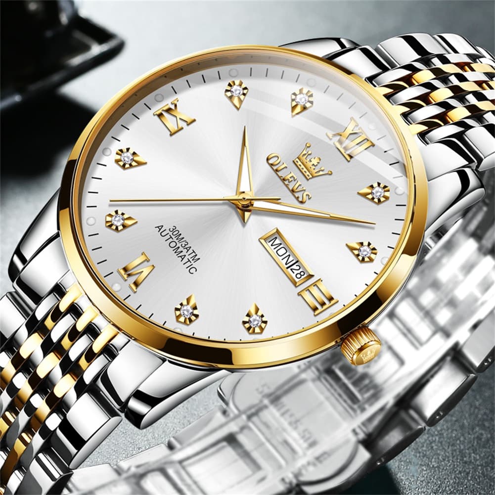 OLEVS 6673 Diamond Mechanical Stainless Steel Watch for Men - All Gold Watch | Olevs Watch Store