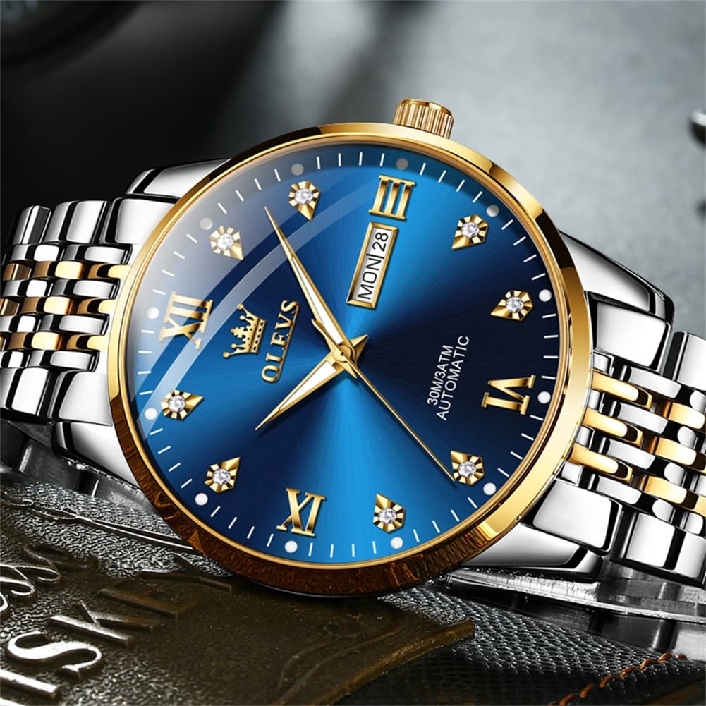OLEVS 6673 Diamond Mechanical Stainless Steel Watch for Men - All Gold Watch | Olevs Watch Store
