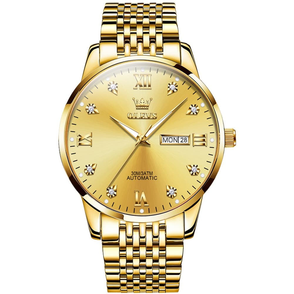 OLEVS 6673 Diamond Mechanical Stainless Steel Watch for Men - All Gold Watch | Olevs Watch Store