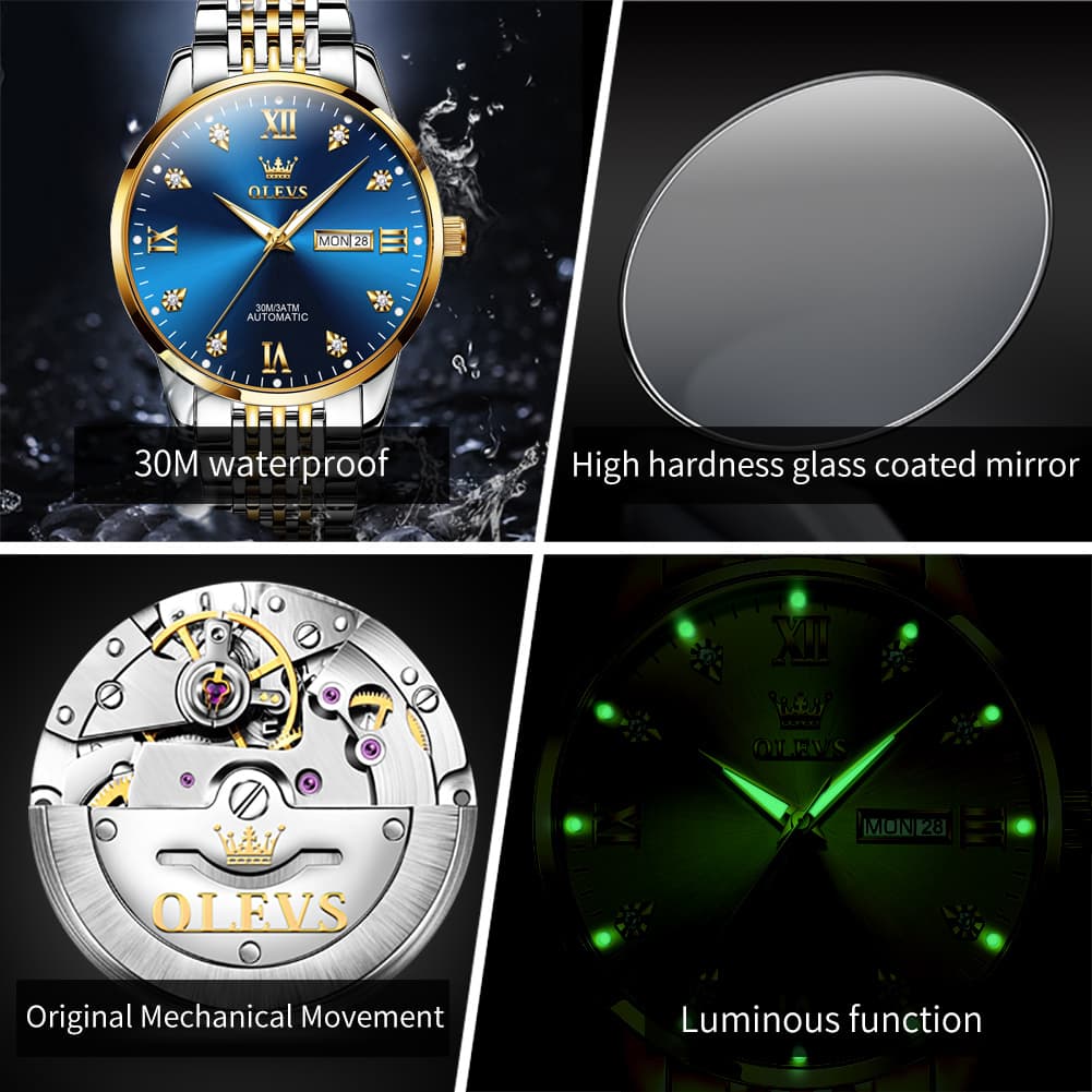 OLEVS 6673 Diamond Mechanical Stainless Steel Watch for Men - All Gold Watch | Olevs Watch Store