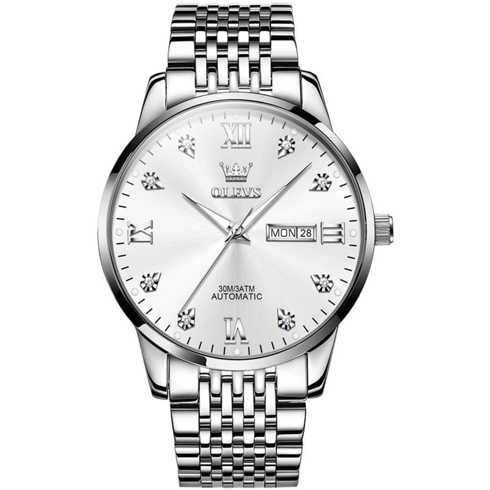 OLEVS 6673 Diamond Mechanical Stainless Steel Watch for Men - Silver White Watch | Olevs Watch Store