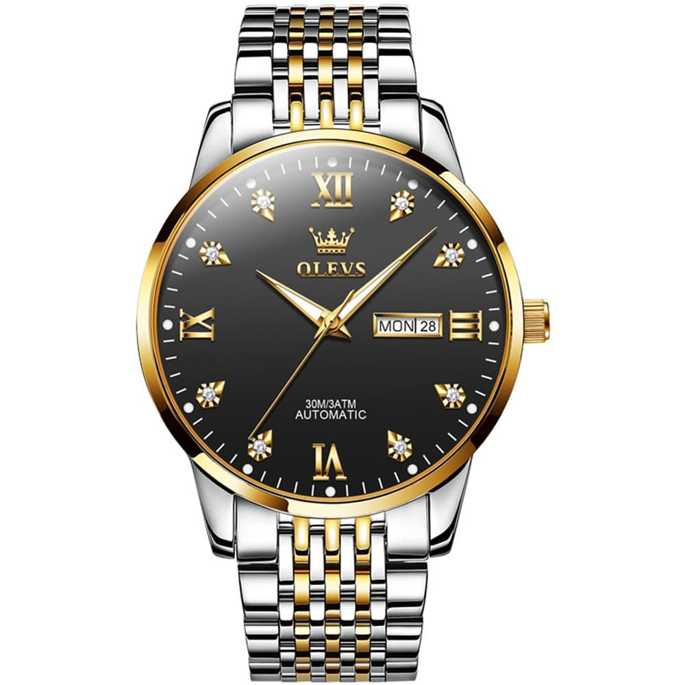 OLEVS 6673 Diamond Mechanical Stainless Steel Watch for Men - Two Tone Black Watch | Olevs Watch Store