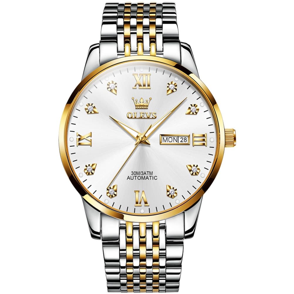 OLEVS 6673 Diamond Mechanical Stainless Steel Watch for Men - Two Tone White Watch | Olevs Watch Store
